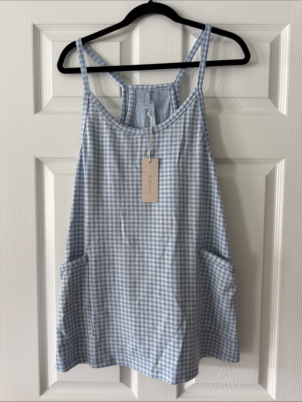 Light Blue Gingham Mini Dress with Front Pockets